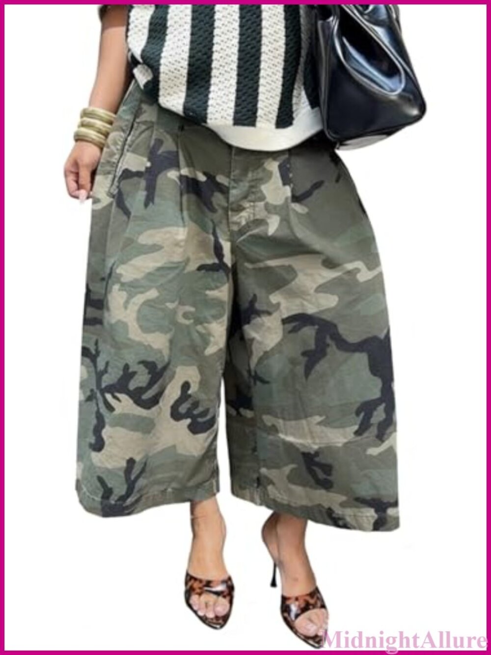 Women's Camo Cargo Capri Jeans High Waist Wide Leg